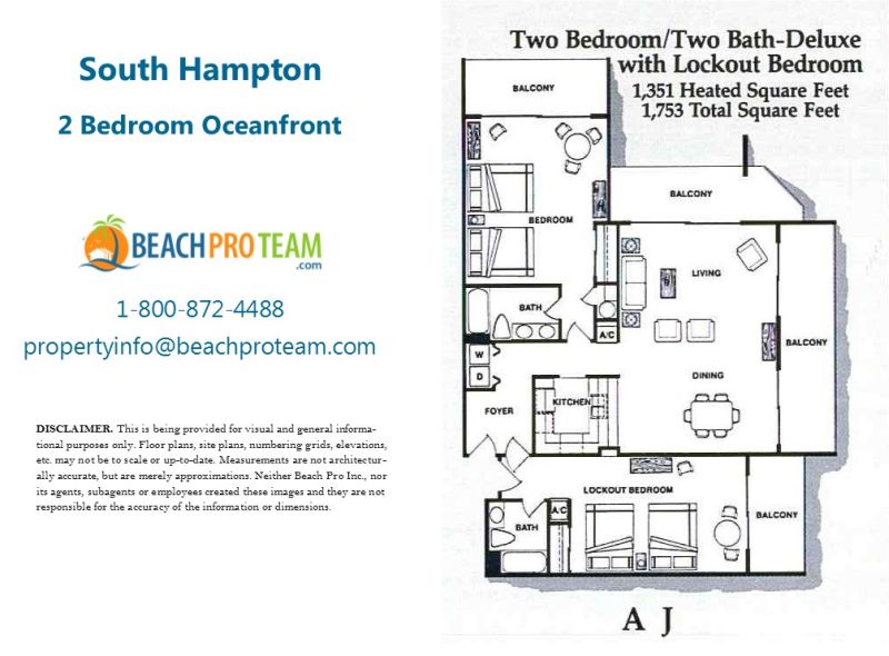 Kingston Plantation - South Hampton Floor Plan A & J - 2 Bedroom Oceanfront